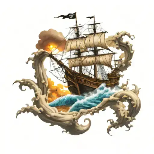 Pirate Ship In A Storm Getting Grabed By A Kraken