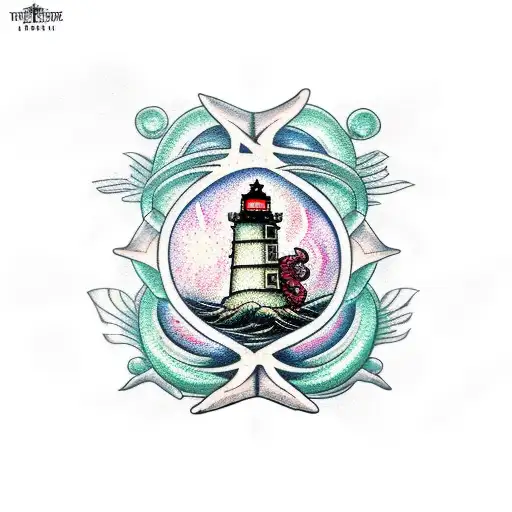 Lighthouse Tattoo With Cthulhu Faded In Background