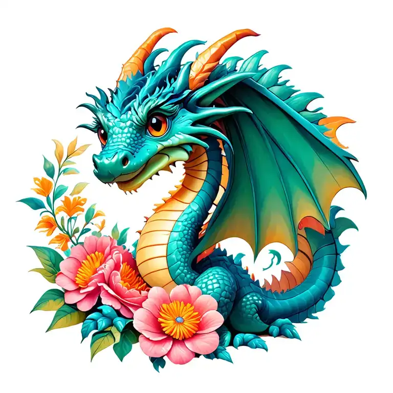 Cartoon Baby Dragon And Flowers Intertwined