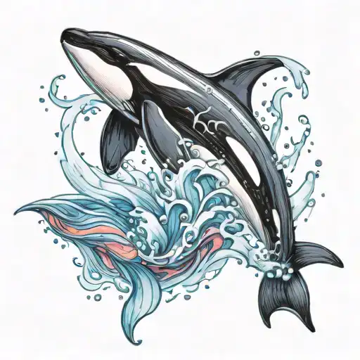 A Tribal Orca Breaches Through The Watersurface And Becomes A Watercolor Design Above