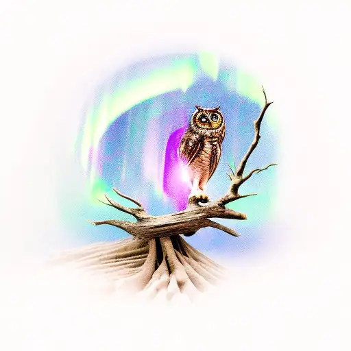 Owl Perched On A Tree Branch With The Northern Lights As Its Backdrop