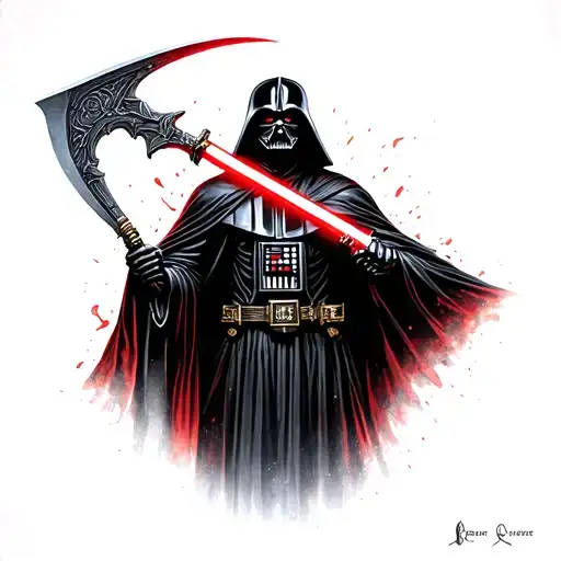 Full Body Grim Reaper With A Head Like Darth Vader And A Red Lightsabre Scythe