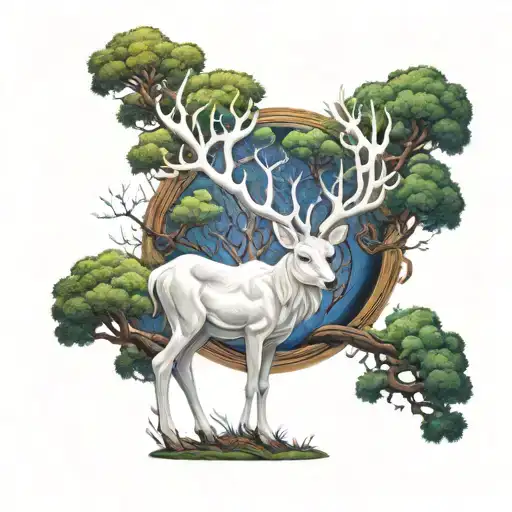 Tree Of Life With White Deer Standing