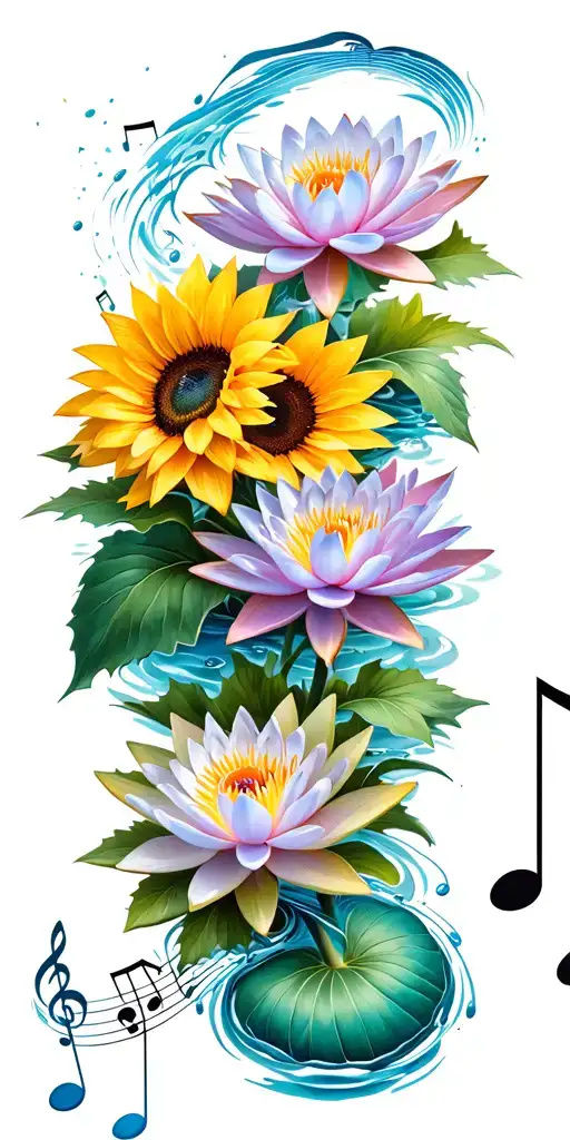 Water Lily Flowers Intertwined With Musical Notes And Sunflowers