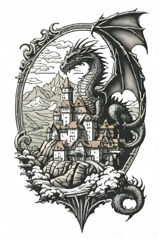Dragon Over A Castle Overlooking Mountains With A Polish Hussar
