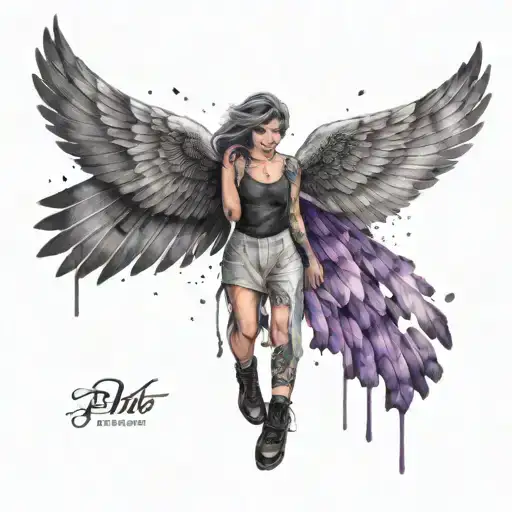 Non-binary Angel With Black And Purple Watercolour Wings