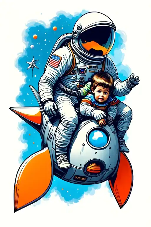 Spaceman And His Son Riding A Rocket Ship