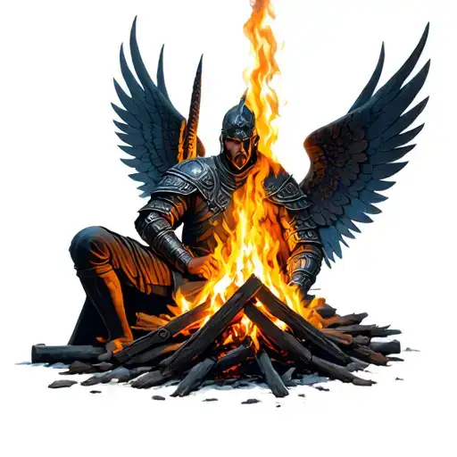 Warrior Sitting By The Fire With A Valkyrie With Big Wings Behind Him
