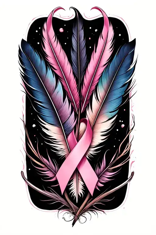 Four Feathers Intertwined With Breast Cancer Ribbon