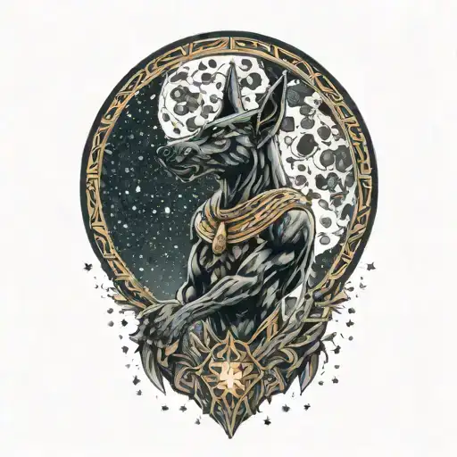 Anubis Facing Forward In Front Of Super Moon Surrounded By Stars