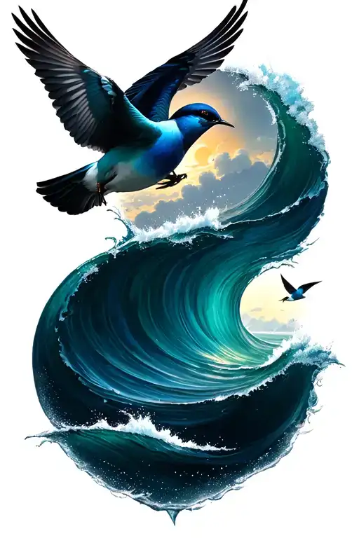 Bright Blue Ocean With Two Swallows Flying Low In The Distance