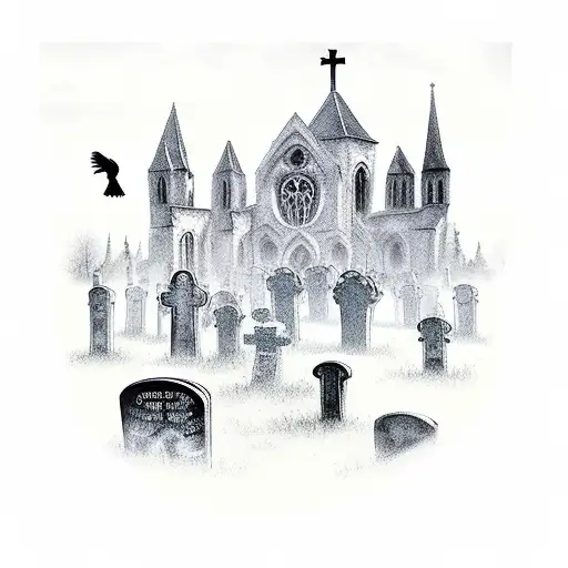 A Spooky Graveyard Filled With Crows With A Cathedral And Ghosts Rising From Tombstones