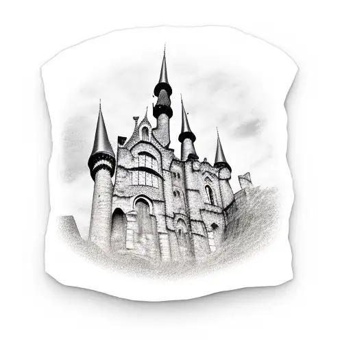 Gothic Castle Behind Cobblestone Street At Night With Lampposts