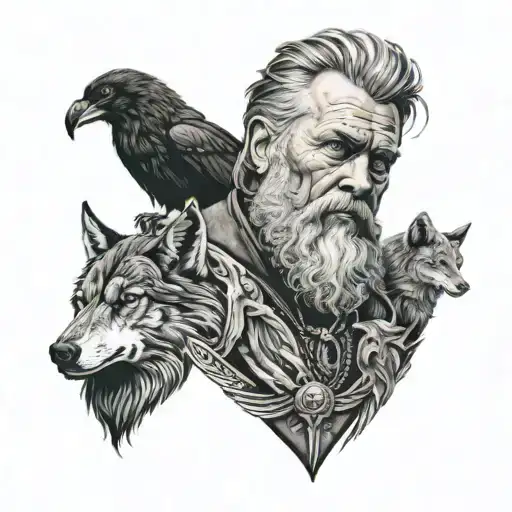 A Detailed Portrait Of Odin With His Wolves And Ravens By His Side