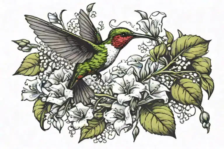 Hummingbird Flying Next To A Branch Wrapped In Lily Of The Valley And Morning Glory