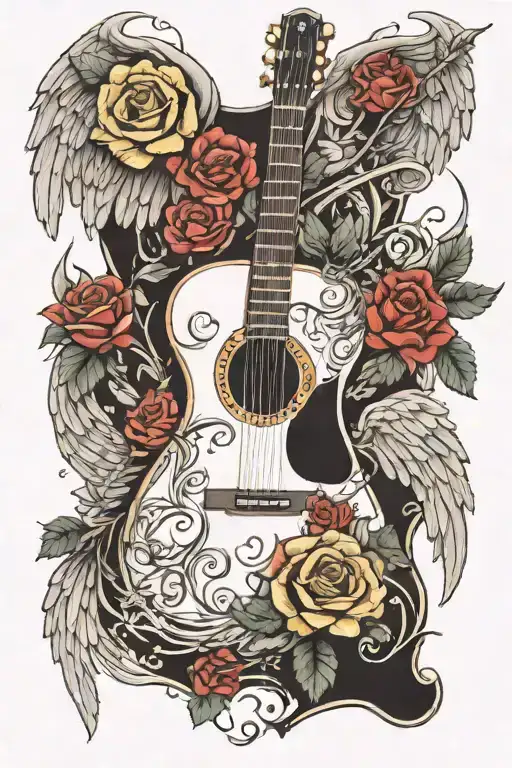 Guitar With Angel Wings And Roses