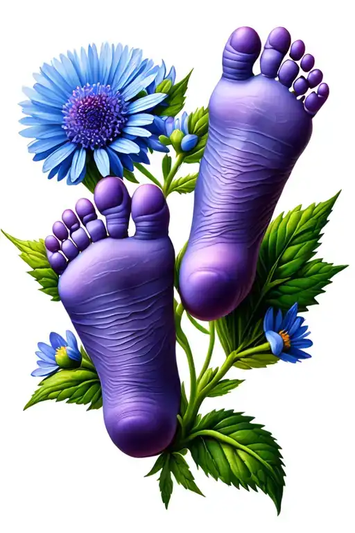 Soft Blue And Purple Aster With Baby Feet As Leaves And Green Stem