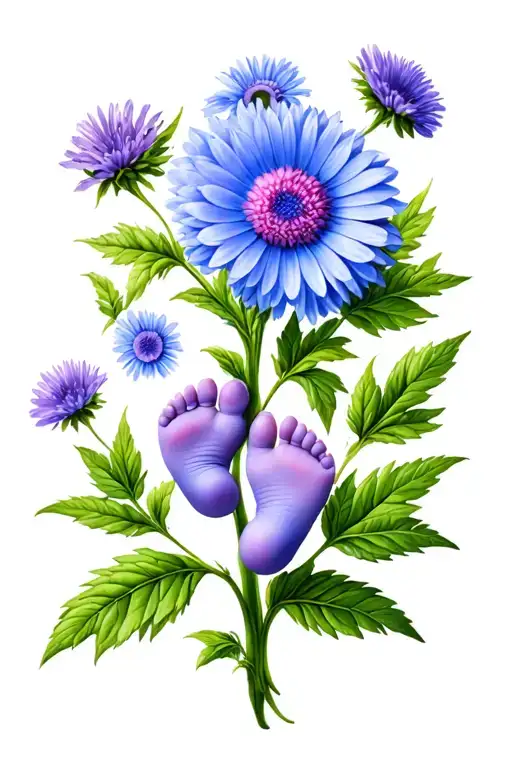 Soft Blue And Purple Aster With Green Stem And Baby Feet As Leafs