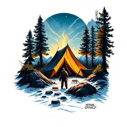 A Camping Scene With A Rogue Figure Searching For Lost Treasures In The Mountains