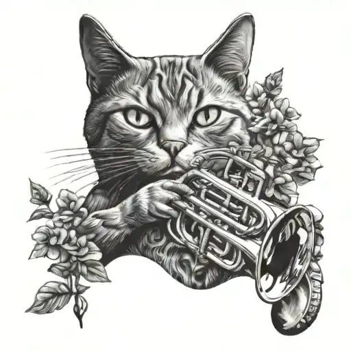 Happy Cat Playing The Trumpet In Spring Outdoor Scene