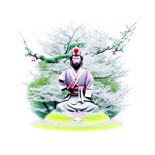 Samurai Meditating Kneeling Under A Cherry Tree