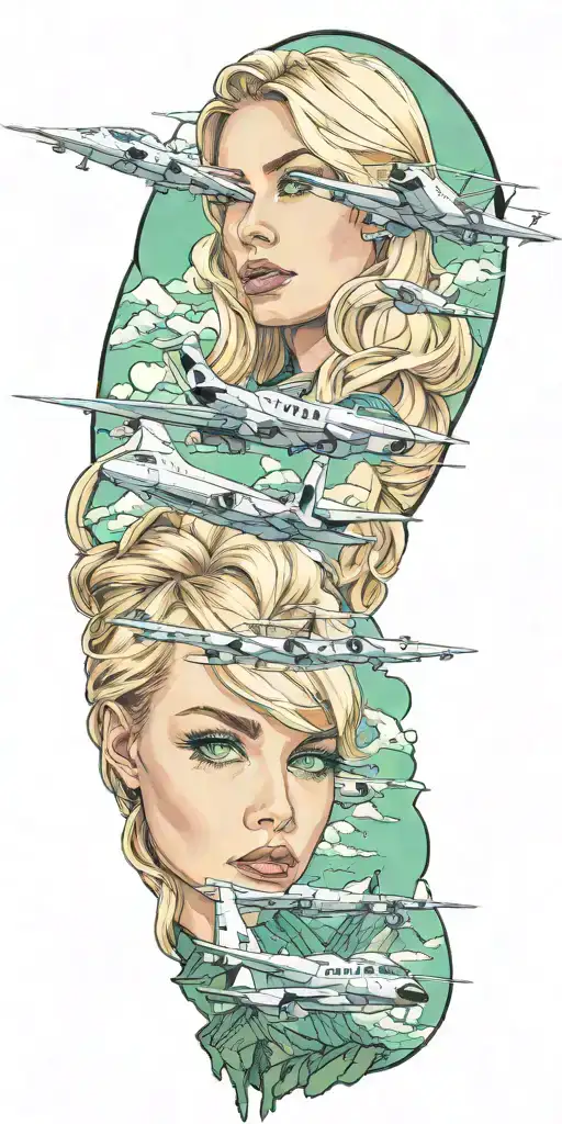 A Realistic Tattoo Of A Blonde Woman With Green Eyes Surrounded By Aircraft And Rocky Mountains