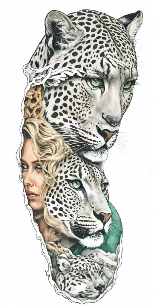 A Realistic Tattoo Of A Blonde Woman With Green Eyes Surrounded By Snow Leopard And Rocky Mountains