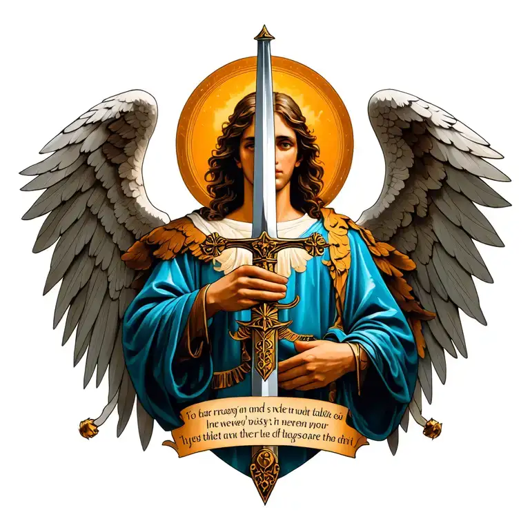 Angel Holding A Sword With Latin Proverb