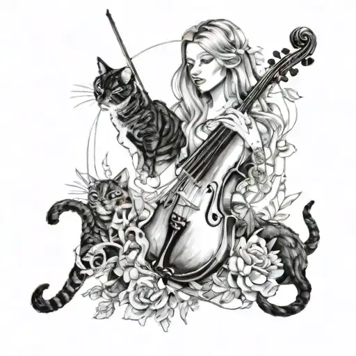 A Girl With A Violin With A Large Black Cat Surrounded