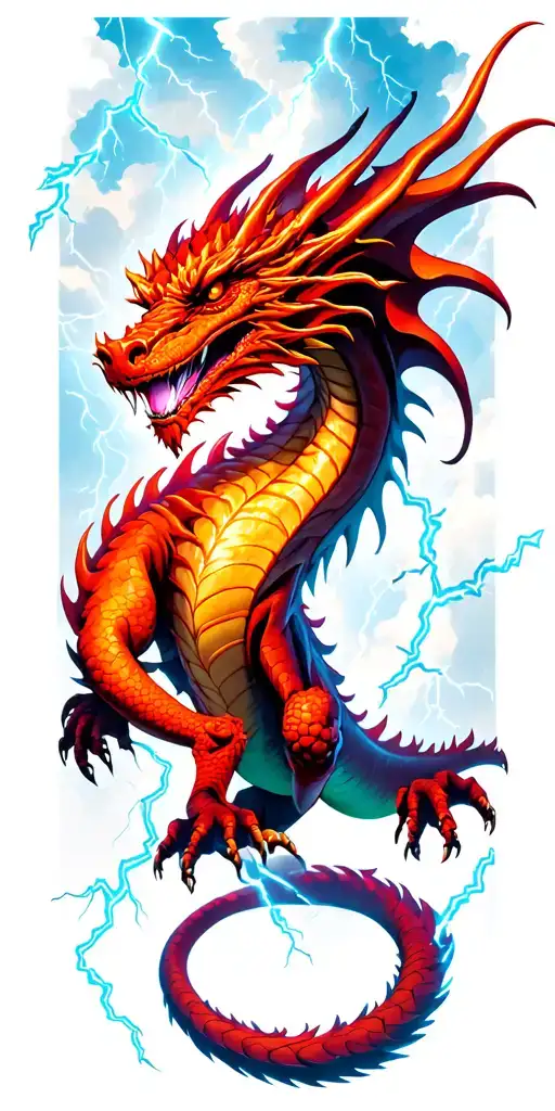 Full Body Red Dragon With Lightning In The Background