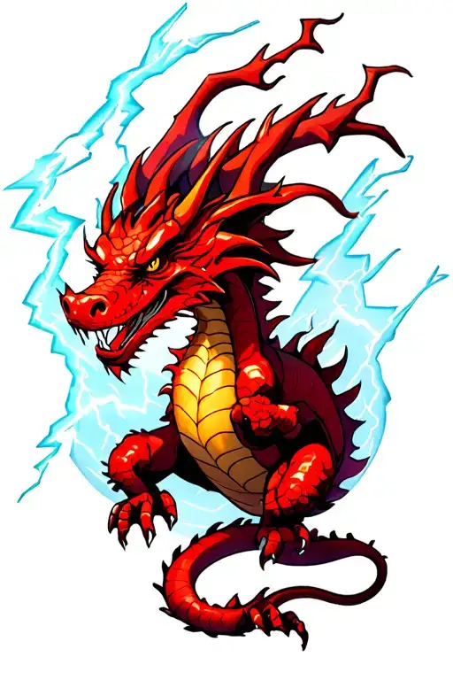 Full Body Red Dragon With Lightning In The Background