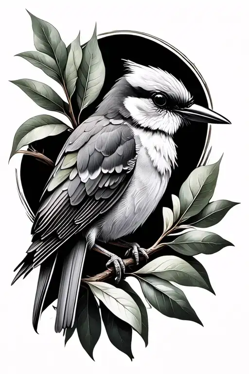 Bird Made Of Branch And Bay Leaf In Black And Gray With Shading And Relief