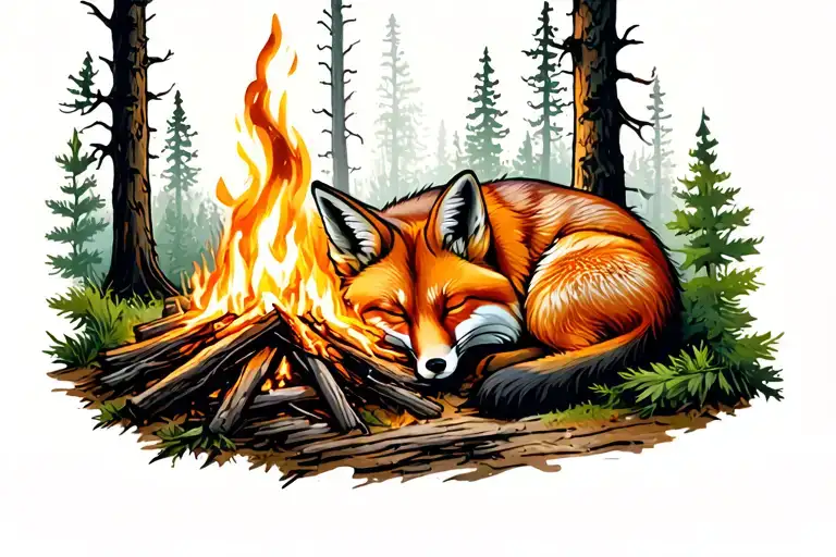 Fox Sleeping Near A Campfire In The Woods