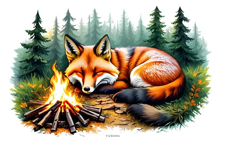 Fox Sleeping Near A Campfire In The Woods