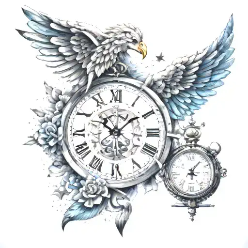 Caduceus Symbol Intertwined With A Clock Surrounded By The Universe And Stars