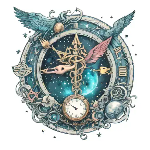 Caduceus Symbol In Side A Clock Surrounded By The Universe And Stars