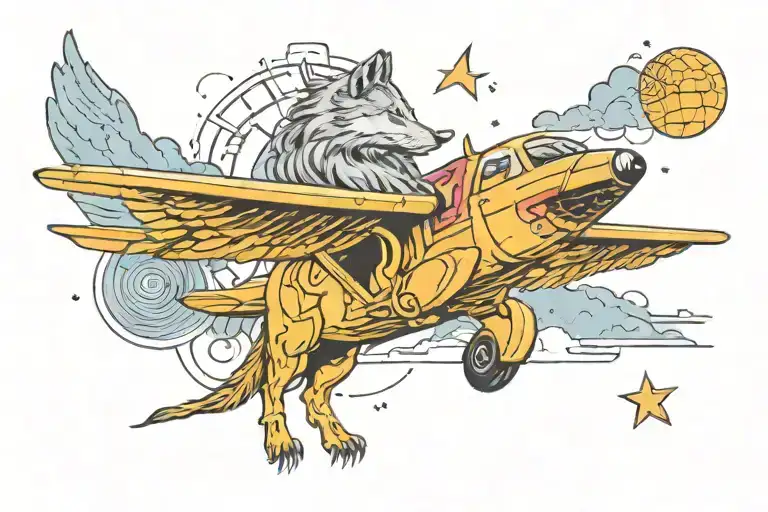 Incorporate Greek Mythology Symbols Into A Tattoo Of An Airplane Flying Over A Wolf