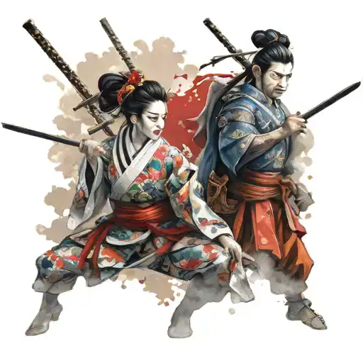 Geisha And Samurai Engaged In A Fierce Battle On A Battlefield