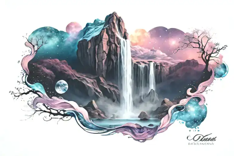 A Serene Waterfall Cascading Through A Galaxy Sky In Pastel Hues