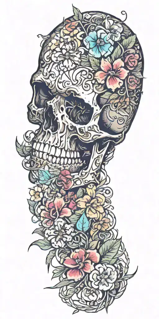 Many Colorful Tropical Flowers With A Skull And A Subtle Strand Of Rusty Barbed Wire