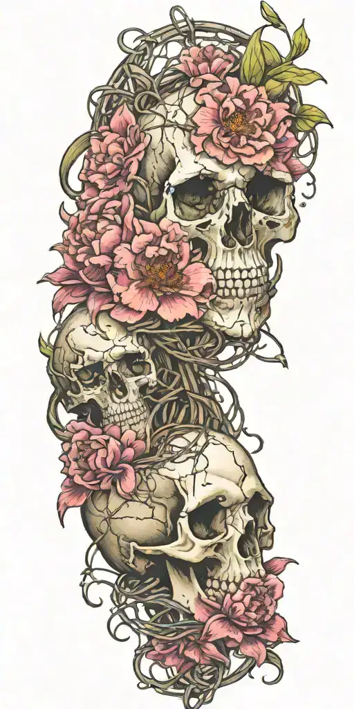 Colorful Peonie And Orchid Sleeve And A Subtle Strand Of Rusty Barbed Wire And One Cthulu Skull