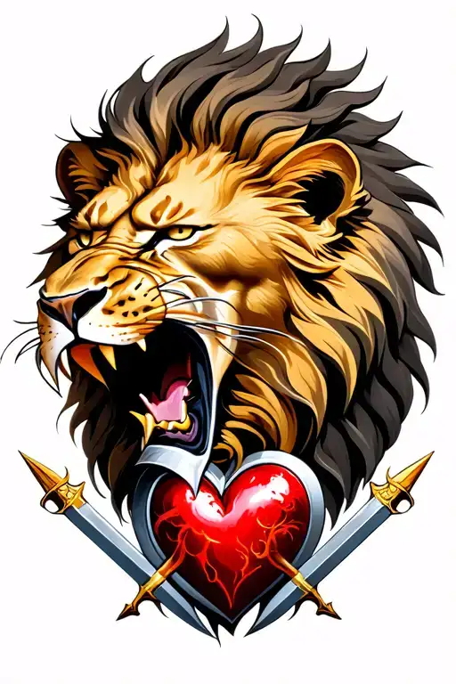 Lion Head Roaring Combined With Heart And Daggers In The Heart