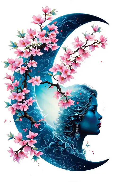 Crescent Moon And Sakura Blossoms Back