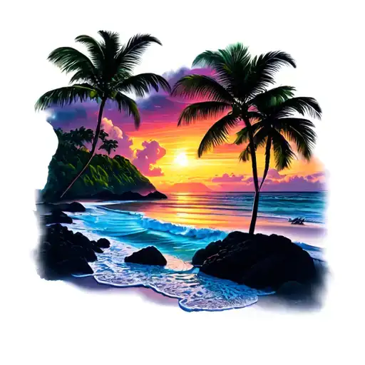 Hawaii Beach Scnene Into Extended View Of Oahu Island