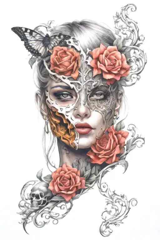 Beautiful Women Taking Mask Off Revealing Skull