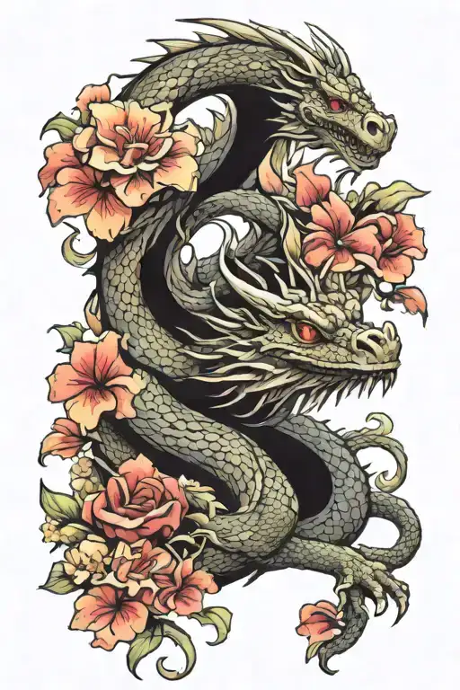 Dragon Intertwined With Snapdragon Flowers Blooming