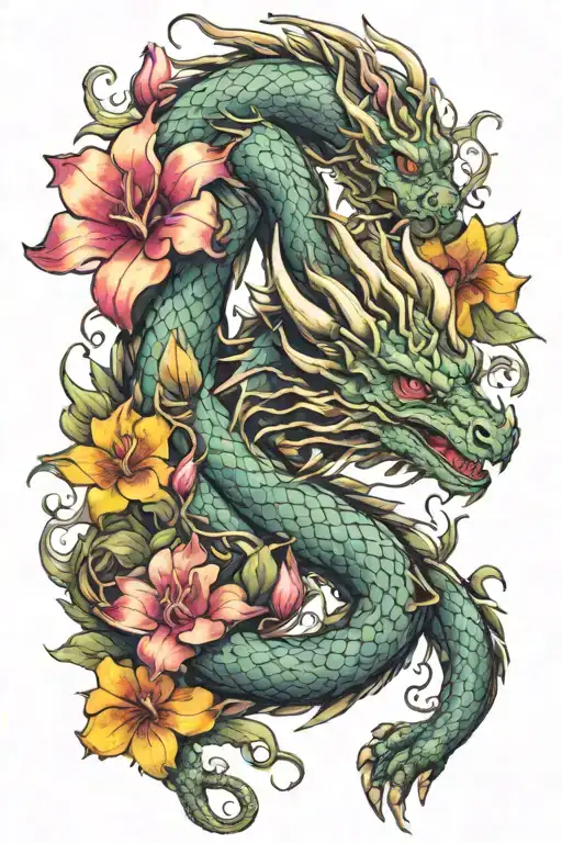 Dragon Intertwined With Snapdragon Flowers Blooming