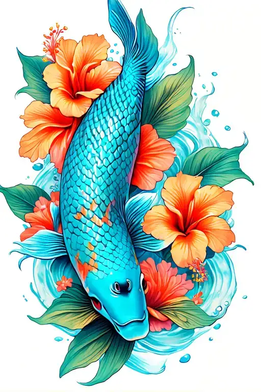 Turquoise Koi Fish With Hibiscus Flowers Around It