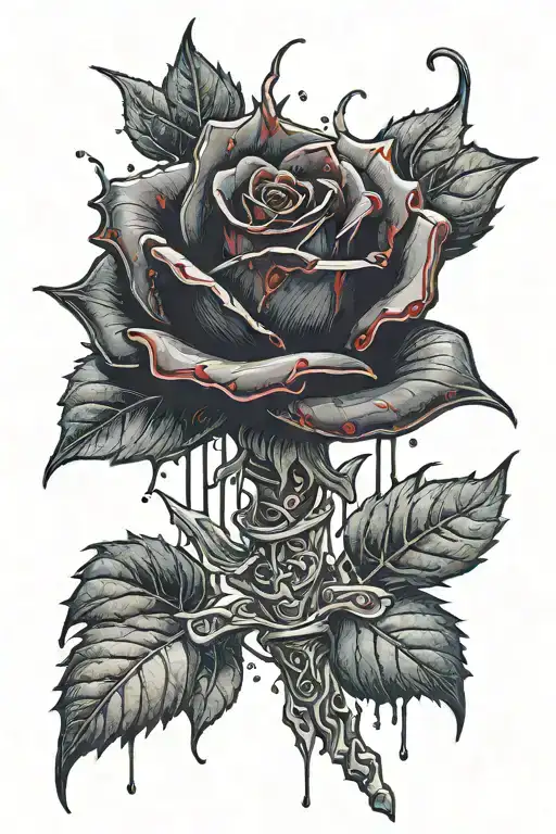 One Black Rose With A Mistycal Dagger Across Its Center That Drips Dark Red Blood