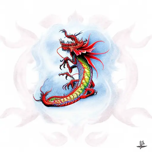 Ink Dragon With Red Spider Lilly